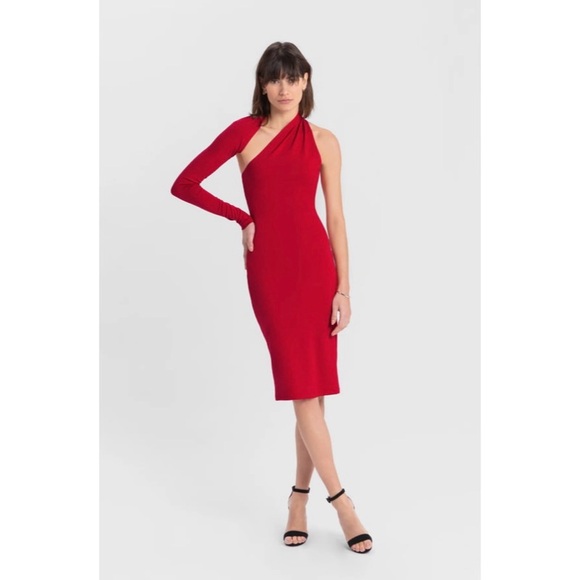 Marcella Bodycon Longsleeve Red Manhattan One Shoulder Midi Dress XL - Picture 1 of 9